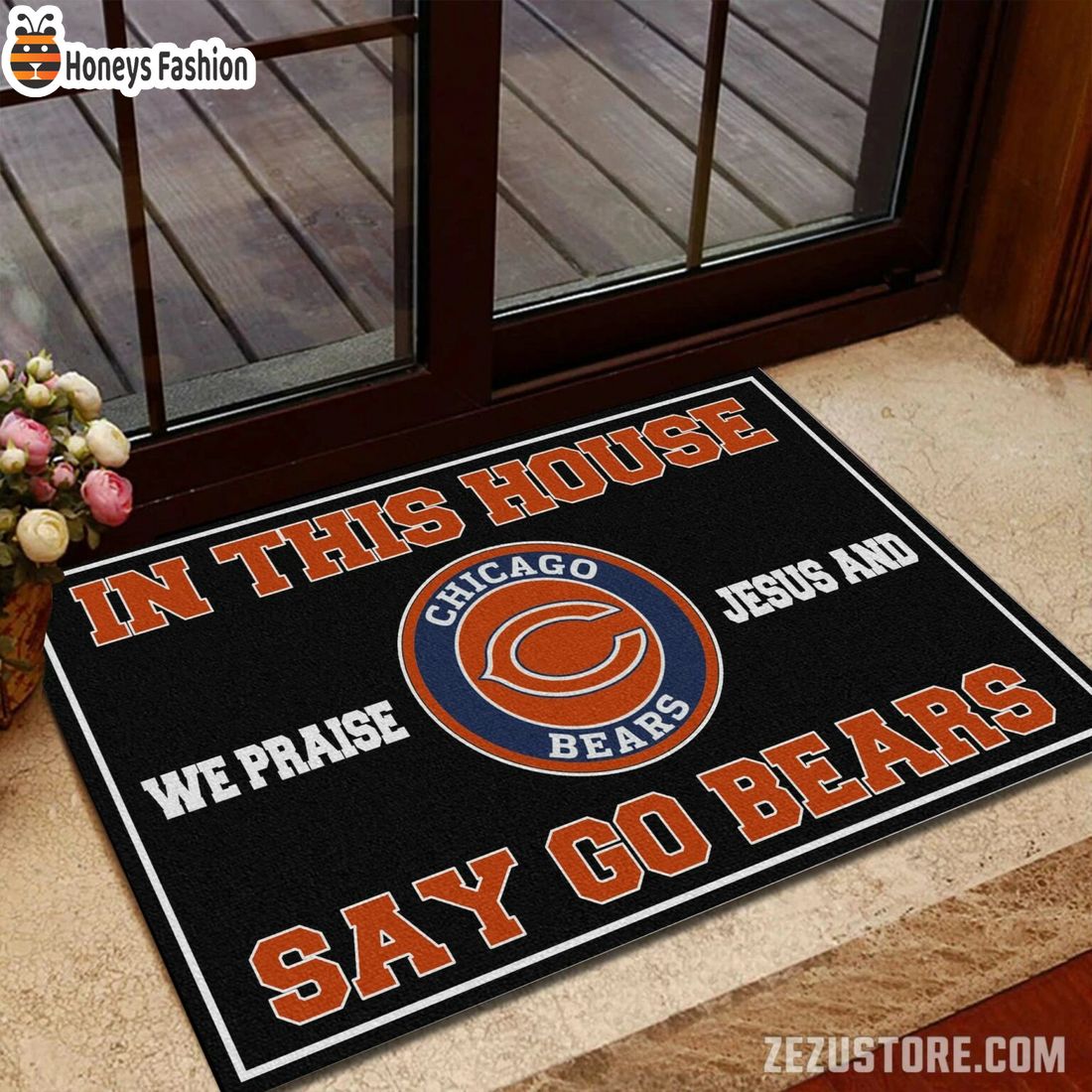 In this house we praise jesus and say go Bears doormat