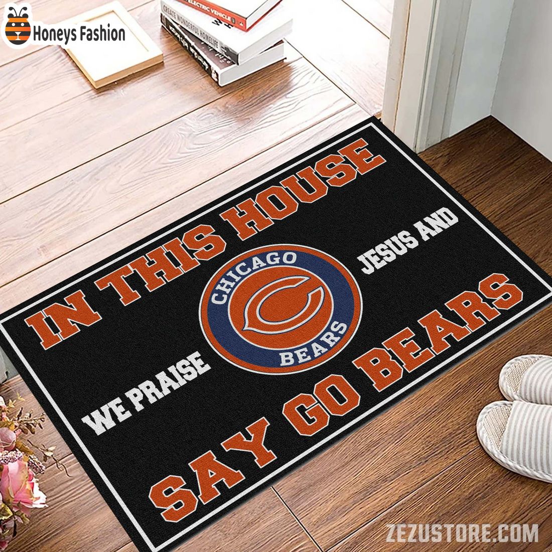 In this house we praise jesus and say go Bears doormat