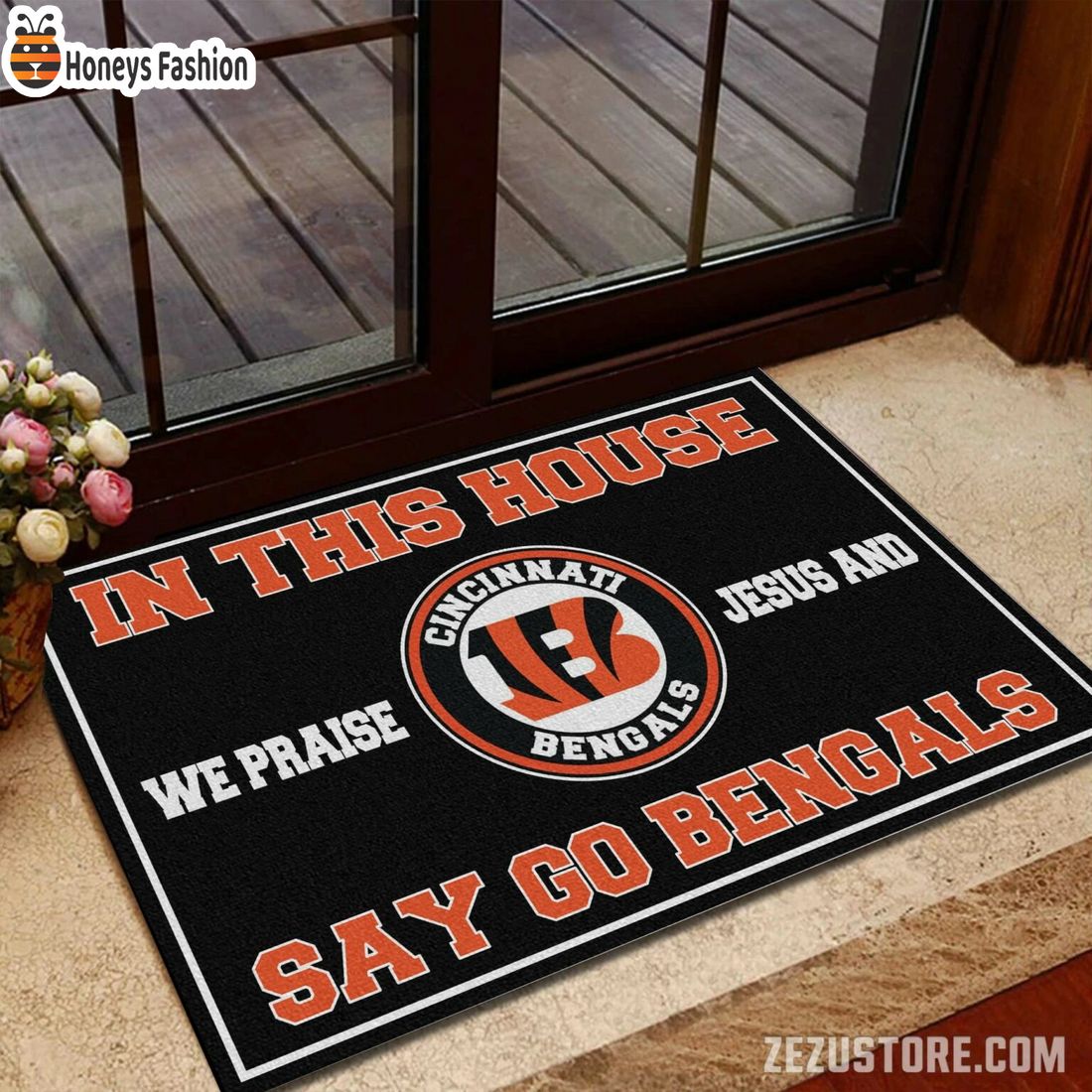 In this house we praise jesus and say go Bengals doormat