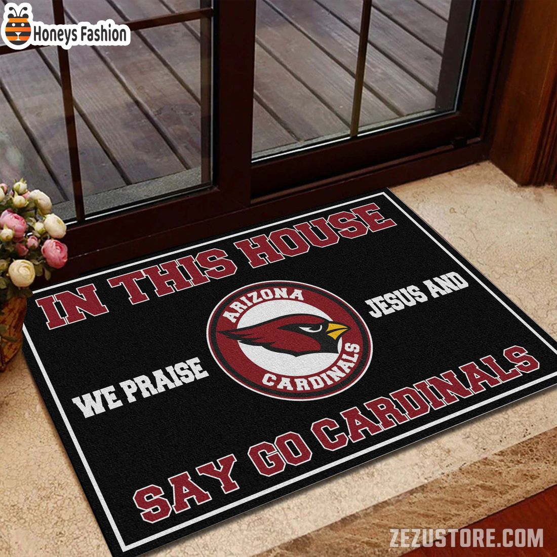 In this house we praise jesus and say go Cardinals doormat