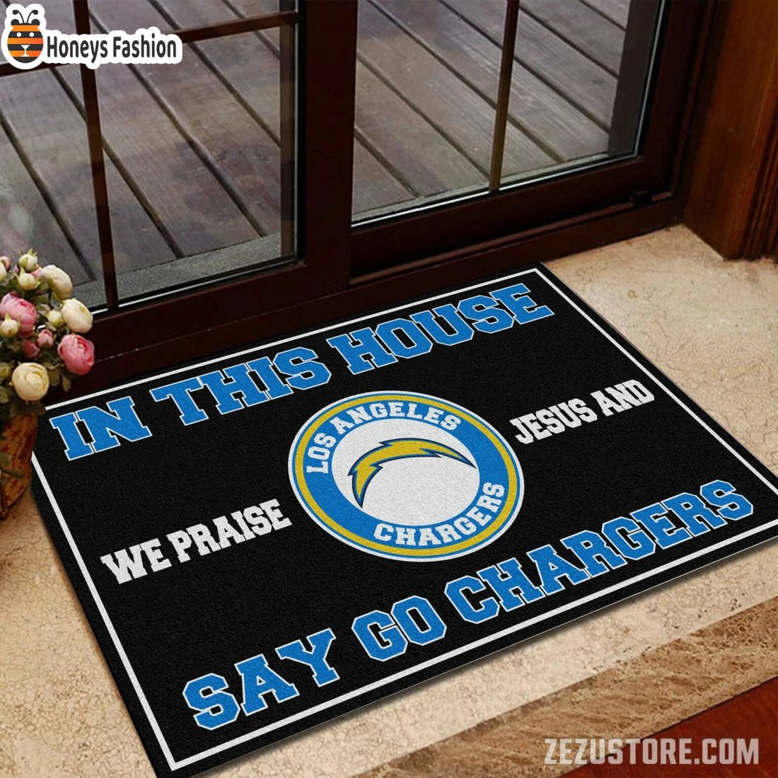 In this house we praise jesus and say go Chargers doormat