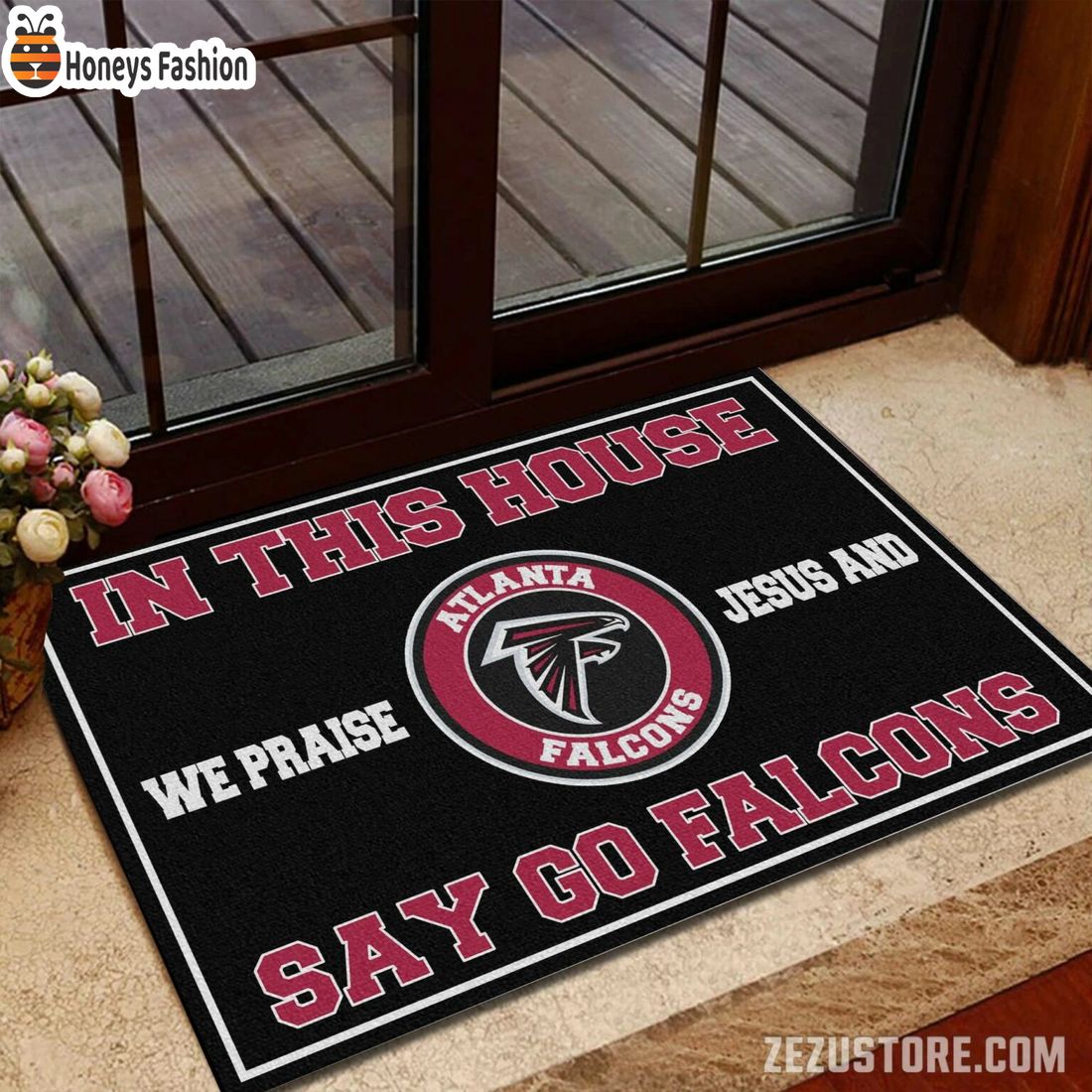 In this house we praise jesus and say go Falcons doormat