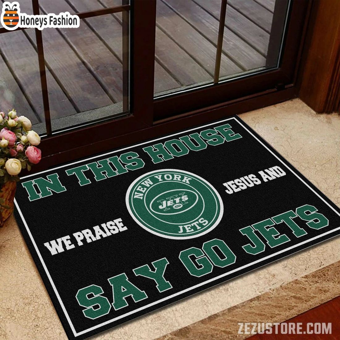 In this house we praise jesus and say go Jets doormat