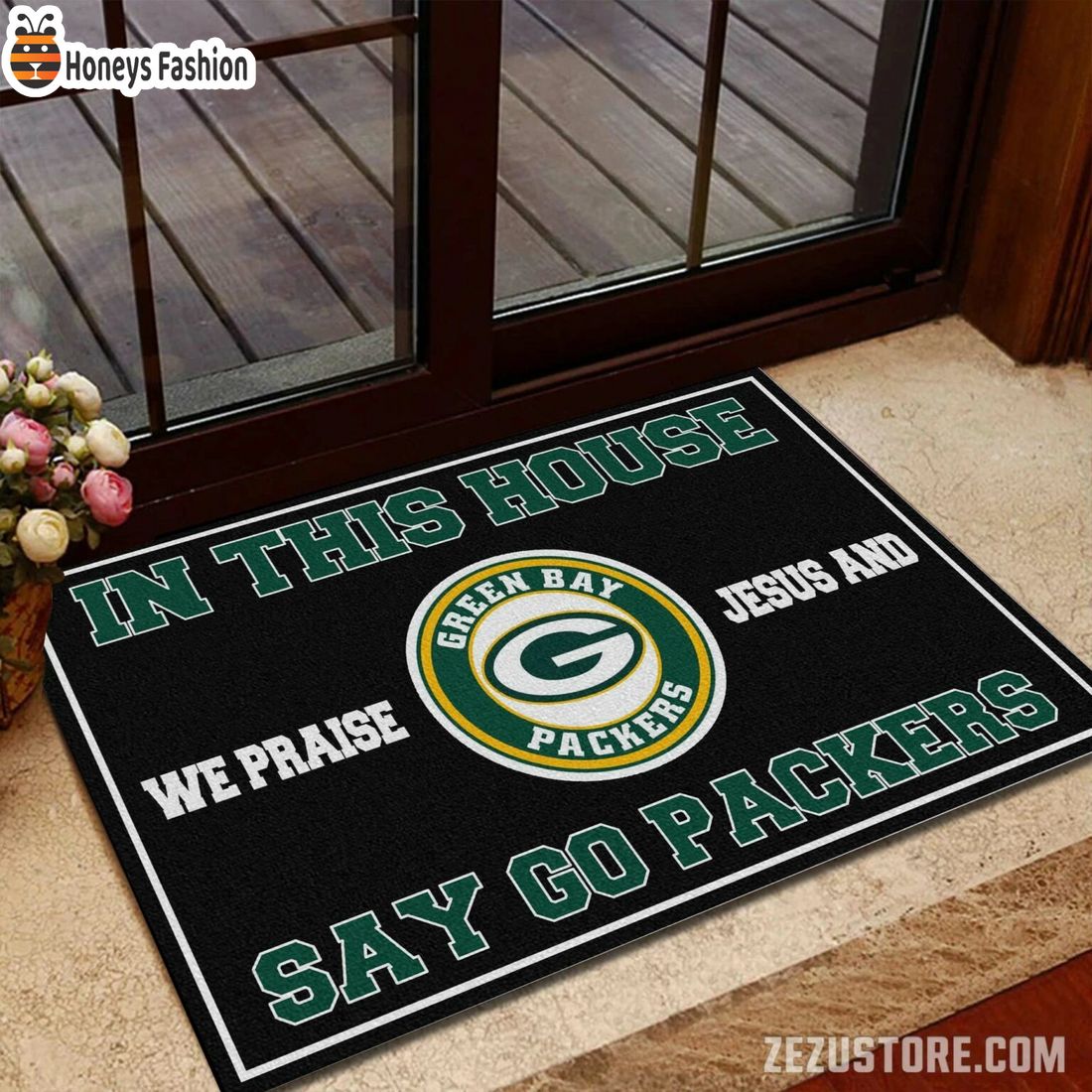 In this house we praise jesus and say go Packers doormat