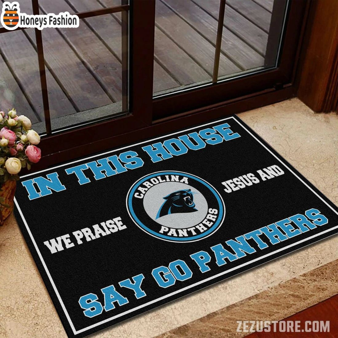 In this house we praise jesus and say go Panthers doormat