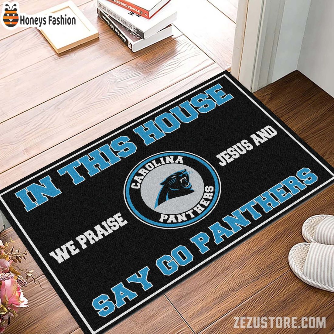In this house we praise jesus and say go Panthers doormat