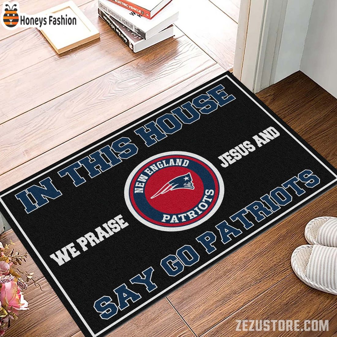 In this house we praise jesus and say go Patriots doormat