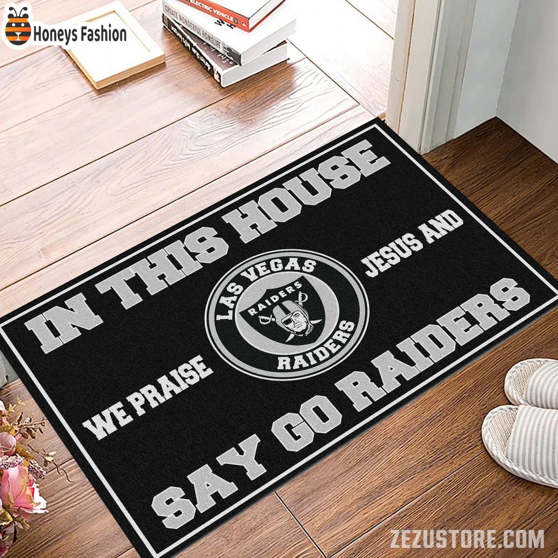 In this house we praise jesus and say go Raiders doormat