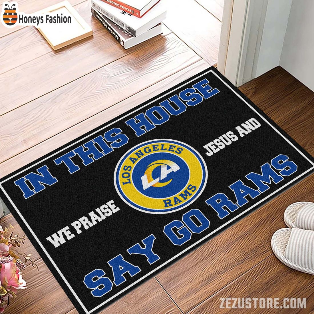 In this house we praise jesus and say go Rams doormat
