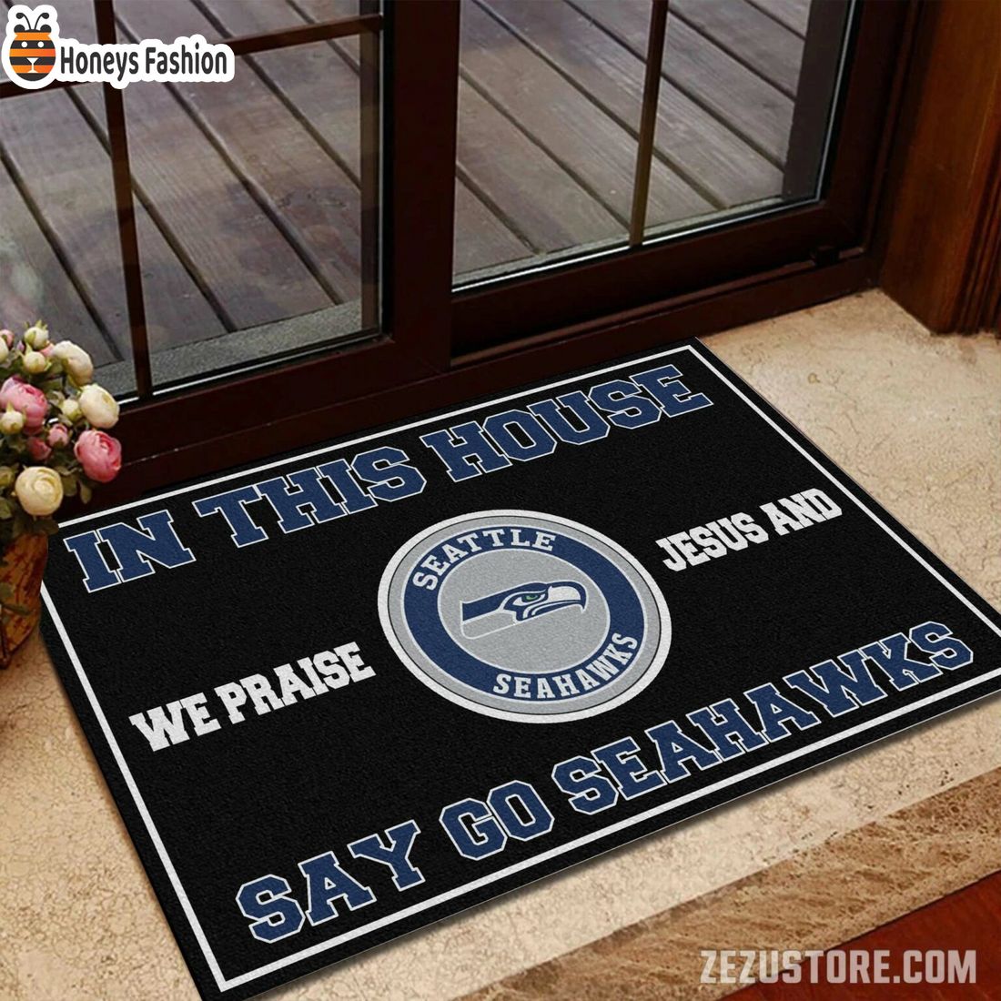 In this house we praise jesus and say go Seahawks doormat