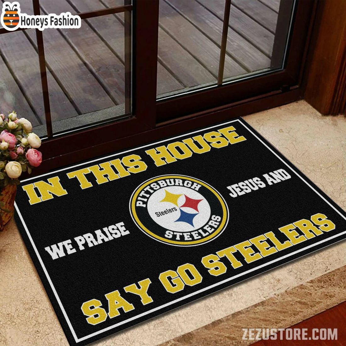 In this house we praise jesus and say go Steelers doormat