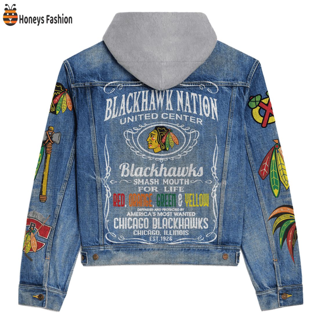 NEW Chicago Blackhawks Nation United Center Smash Mouth For Life Hooded Denim Jacket