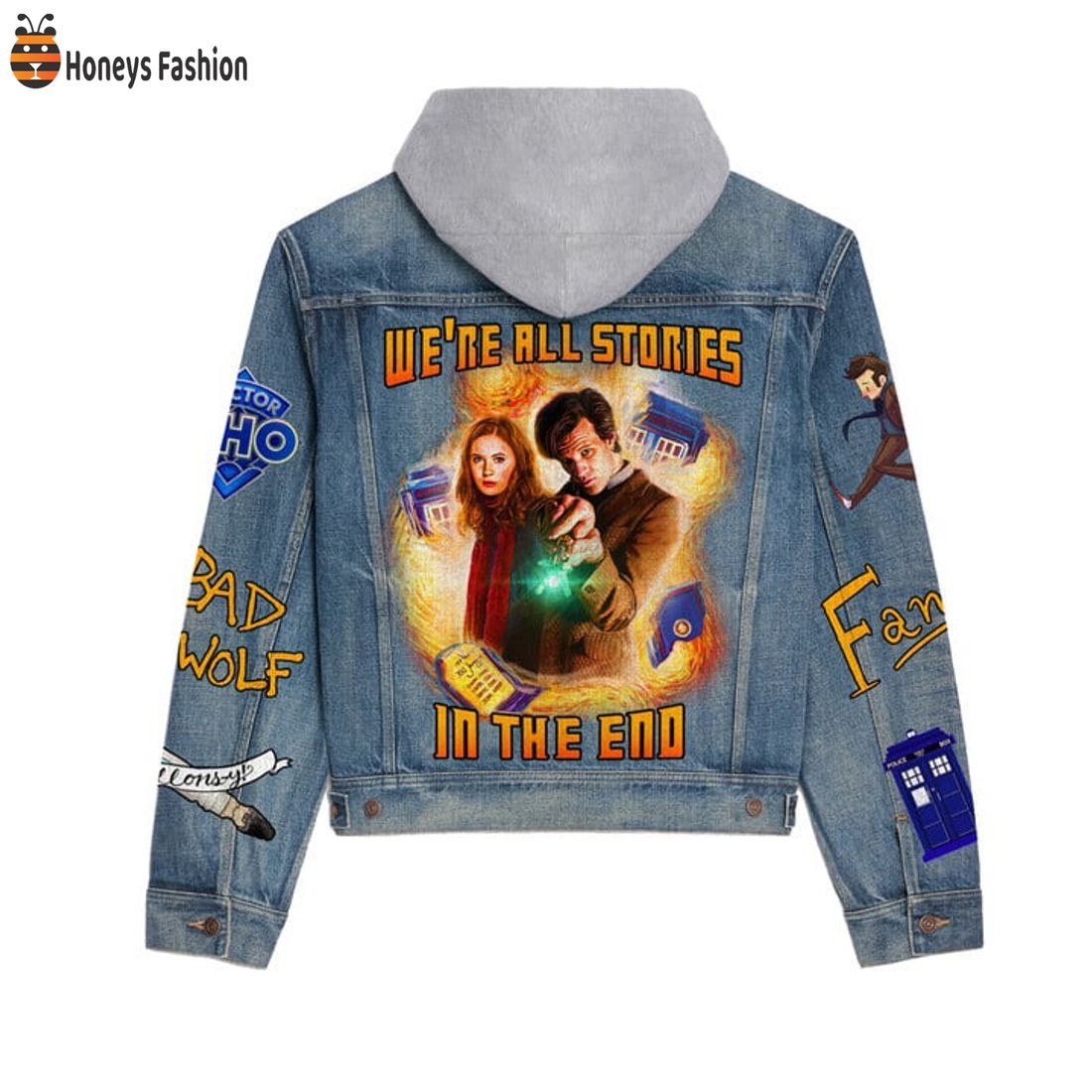 NEW Doctor Who We're All Stories In The End Hooded Denim Jacket