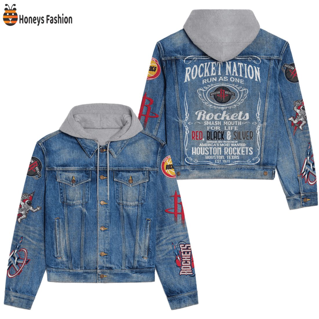 NEW Houston Rockets Nation Rus As One Smash Mouth Hooded Denim Jacket