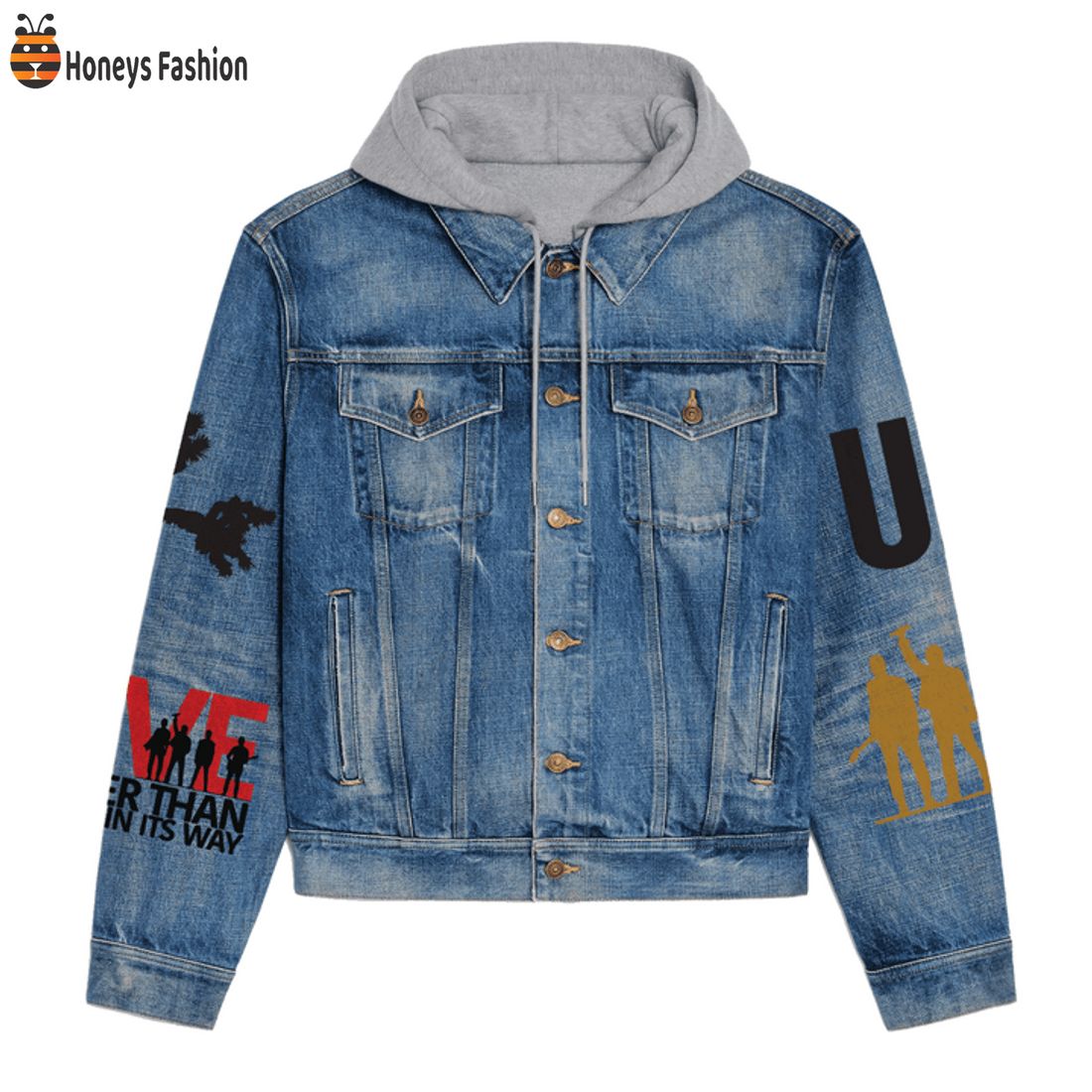NEW U2 Band Love Is Bigger Than Anything In Its Way Hooded Denim Jacket
