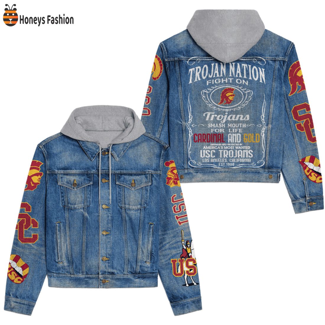 NEW USC Trojans Nation Fight On For Life Cardinal And Gold Hooded Denim Jacket
