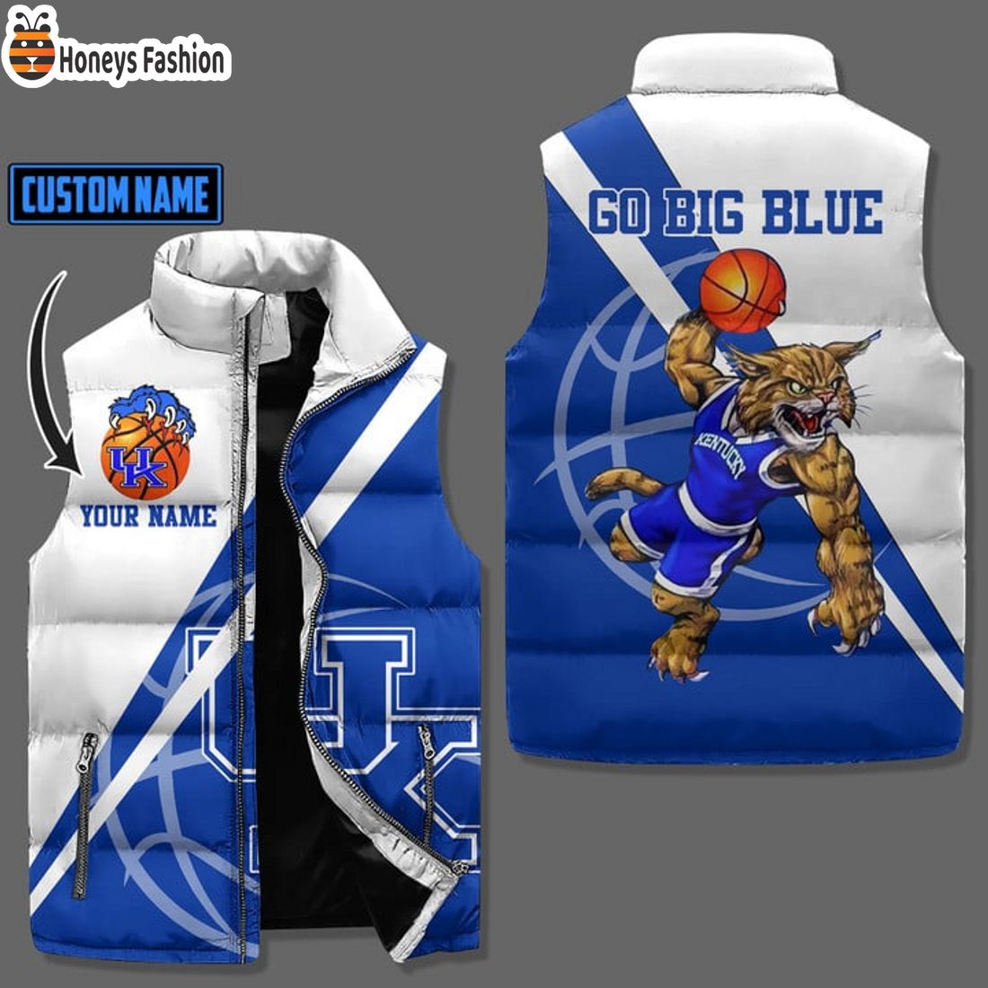 TRENDING Kentucky Wildcats Mascot Go Big Blue Custom Name Puffer Sleeveless Jacket