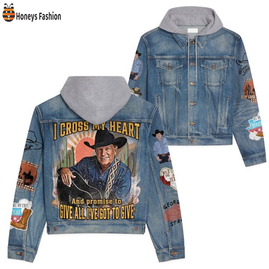 HOT George Strait I Cross My Heart Give All I’ve Got To Give Hooded Denim Jacket