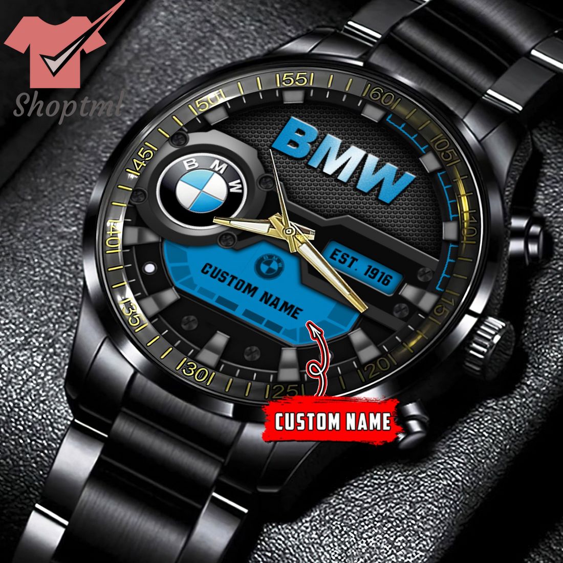 BMW est 1916 custom name black stainless steel watch
