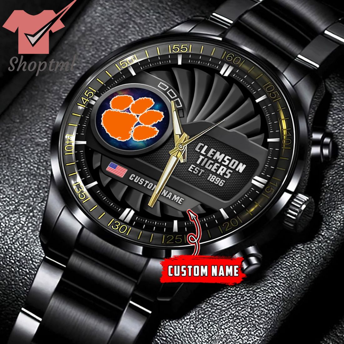 Clemson Tigers est 1896 custom name black stainless steel watch