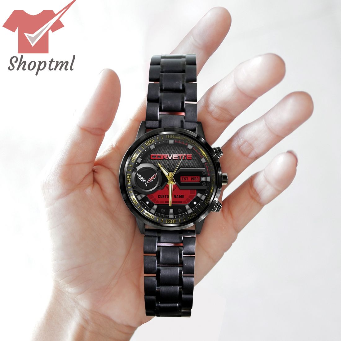 Corvette est 1953 custom name black stainless steel watch
