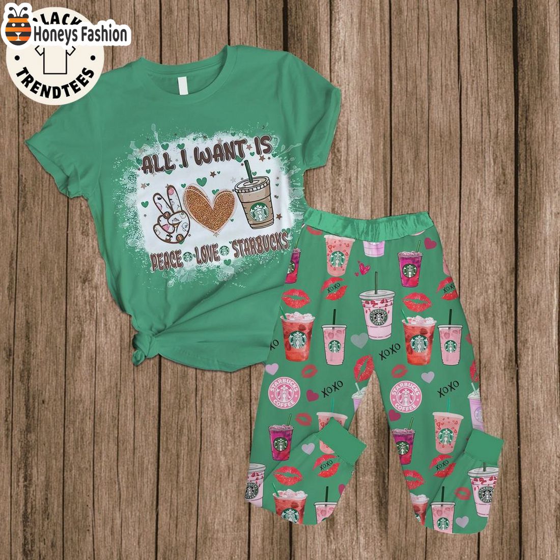 HOT Starbucks Pajamas All I Want Is Peace Love Xoxo Pajamas Set