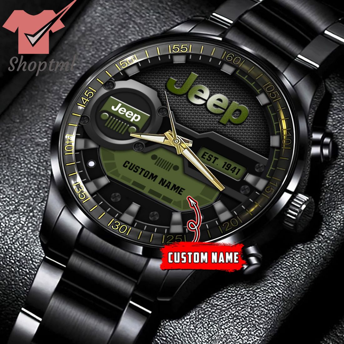 Jeep est 1941 custom name black stainless steel watch