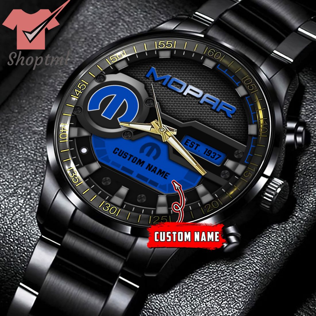 Mopar est 1937 custom name black stainless steel watch