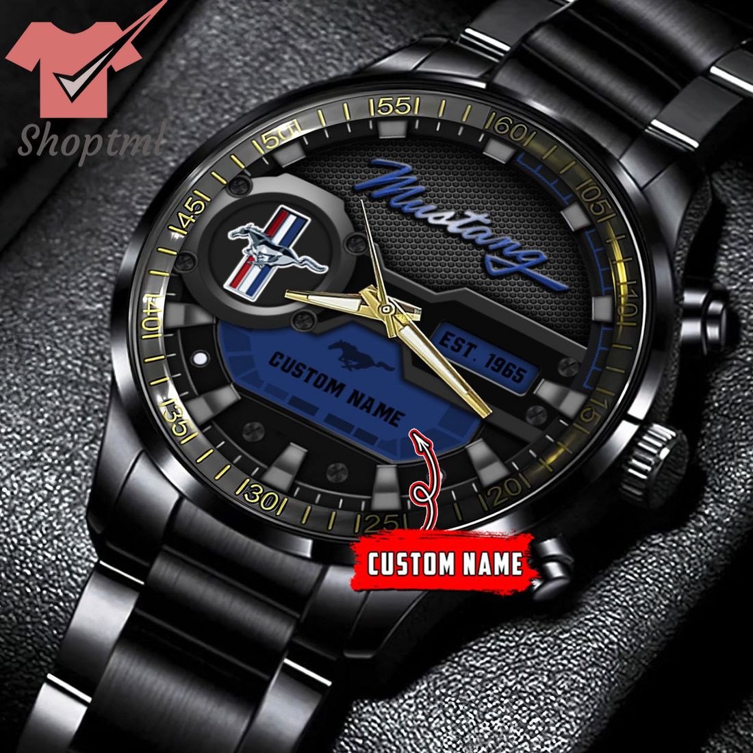 Mustang est 1965 custom name black stainless steel watch